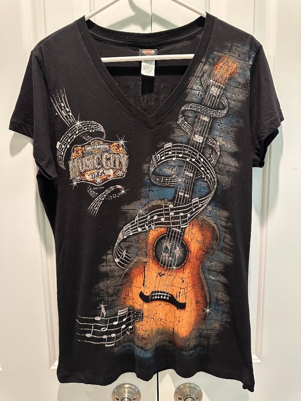 Harley-Davidson Music City USA Nashville Guitar Rhinestone V-Neck Tee XL USA